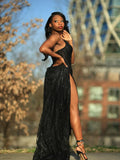 Sexy Black Mermaid Strapless Sequined High Split Long Floor Length Prom Dresses HZ1024