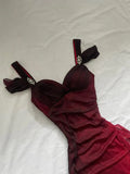 Vintage Shiny Burgundy Sheath Chiffon Shoulder Strap Design Long Prom Dress Evening Dress HZ1024