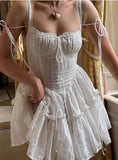 Vintage White Lace Spaghetti Strap A-Line Short Tiered Party Dress Cocktail Dress Homecoming Dress HZ1024