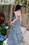 New Fashion Blue Floaral Design A-Line Spaghetti Strap Dress HZ1024