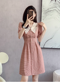 Vintage Simple Pink Plaid Elegant Design Short Sleeves Women Dress HZ1024