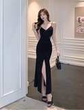 Vintage Elegant Black V-neck Black Design A-Line Sleeveless Strap Dress HZ1024