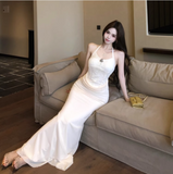 Simple Fashion Design Apricot A-Line Slim Women Halter Dress HZ1024