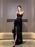 Vintage Split Design Black A-Line Women Spaghetti Strap Dress HZ1024