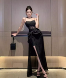 Vintage Split Design Black A-Line Women Spaghetti Strap Dress HZ1024