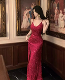 Vintage Sequins Design Wine Red A-Line Long Spaghetti Strap Dress HZ1024