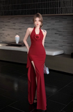 Simple Wine Red Rose Design Split Dress Long A-line Halter Dress HZ1024