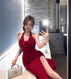 Simple Wine Red Rose Design Split Dress Long A-line Halter Dress HZ1024