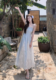 New Fashion Blue Plaid Design Beach Holiday A-line Sleeveless Spaghetti Strap Dress HZ1024