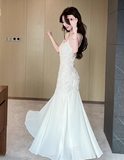 Simple White Three-dimensional Rose Embroidery Design Mermaid Sleeveless Spaghetti Strap Dress HZ1024