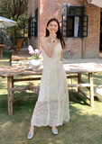 New Fashion White Floral Design Lace A-line V-neck Spaghetti Strap Dress HZ1024