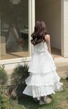 Simple Fashion White V-neck Design Lace A-line Spaghetti Strap Tiered Dress HZ1024
