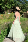 Vintage Fashion Green Irregular Ruffled Hem Design Elegant A-line Spaghetti Strap Dress HZ1024