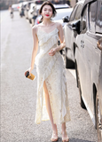 Vintage Fashion Beige Irregular Ruffled Hem Design Elegant A-line Spaghetti Strap Dress HZ1024