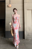 Vintage Fashion Floral Design Elegant Mermaid A-line Spaghetti Strap Dress HZ1024