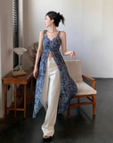 Fashion Navy Blue Floral Design A-line V-neck Slit Spaghetti Strap Dress HZ1024