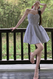 New Fashion Light Blue Sequined Design A-line Sleeveless Beach Holiday Spaghetti Strap Dress HZ1024