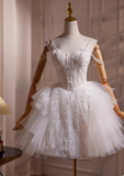 Elegant White Beaded Design Party Dress A-line Spaghetti Strap Short Homecoming Dress HZ1024