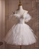 Elegant White 3D Flowers Pearl Accessories Design A-line Spaghetti Strap Short Homecoming Dress HZ1024