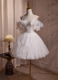 Elegant White 3D Flowers Pearl Accessories Design A-line Spaghetti Strap Short Homecoming Dress HZ1024