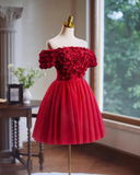 Charming Red 3D Flowers Design Mesh Off-the-shoulder Strapless Homecoming Dress HZ1024