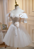 Vintage Beige 3D Flowers Beaded Design Elegant Mesh Off-the-shoulder Sleeves Homecoming Dress HZ1024