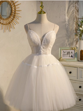 Vintage White Lace Design Elegant Mesh Off-the-shoulder Sleeves Spaghetti Strap Homecoming Dress HZ1024