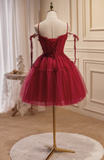 New Fashion Wine Red Lace Design Elegant Mesh Spaghetti Strap Homecoming Dress HZ1024