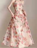 Vintage Pink Floral Design A-line Sleeveless Beach Holiday Halter Dress HZ1024