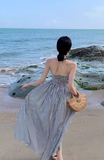 New Fashion Black & White Striped Design A-line Beach Holiday Strapless Dress HZ1024