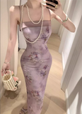 Vintage Purple Floral Design Satin A-line Spaghetti Strap Dress HZ1024