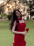 Vintage Red 3D Flower Irregular Hem Design Chiffon A-line Spaghetti Strap Dress HZ1024