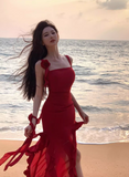 Vintage Red 3D Flower Irregular Hem Design Chiffon A-line Spaghetti Strap Dress HZ1024