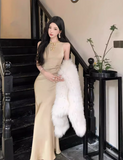Simple Fashion Champagne Sequined Design Satin A-line Sleeveless Halter Dress HZ1024