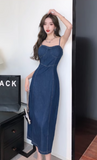 Simple Fashion Navy Blue Design A-line Spaghetti Strap Denim Dress HZ1024