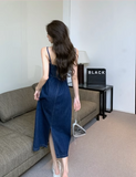 Simple Fashion Navy Blue Design A-line Spaghetti Strap Denim Dress HZ1024