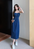 Simple Fashion Navy Blue Design A-line Spaghetti Strap Denim Dress HZ1024