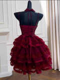 Vintage Burgundy Sweetheart Lace Design Spaghetti Strap Tiered Homecoming Dress HZ1024