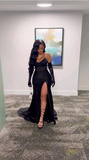 Elegant Black Sequin Prom Dress Sheath Evening Gown Long Party Dress High Slit Formal Dress HZ1024