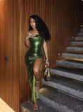 Elegant Green Spaghetti Strap Prom Dress Sheath Evening Gown High Slit Party Dress Long Formal Dress HZ1024