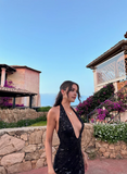 Charming Black Sequin Applique Homecoming Dress V-neck Sheath Party Dress Short Cocktail Dress HZ1024