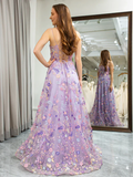 Elegant Floral Spaghetti Strap Prom Dress A-Line Applique Evening Gown High Slit Party Dress Long Formal Dress HZ1024