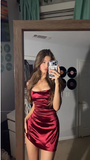 Vintage Burgundy Spaghetti Strap Sheath Bodycon Satin Homecoming Dress Party Dress Short Cocktail Dress HZ1024