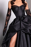 Retro Black Sweetheart Irregular Ruffle Hem Lace Gloves Design Elegant A-Line Satin Evening Dress Prom Dress HZ1024