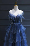 Vintage Blue Beaded Design Elegant A-Line Chiffon Tulle Evening Dress Prom Dress HZ1024