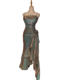 Vintage Elegant Spaghetti Strap Mermaid Ruffles Prom Dress Evening Dress HZ1024