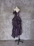 Retro Spaghetti Strap Irregular Ruffled Detachable Rose Design Elegant Satin Evening Dress Prom Dress HZ1024
