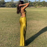 Vintage Satin Prom Dress Sheath Spaghetti Strap Evening Dress Long Formal Dress HZ1024