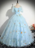 Light Blue Tulle Floor Length Prom Dress, Beautiful Short Sleeves Sweet 16 Dress HZ1024