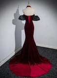 Off Shoulder Wine Red Mermaid Long Party Dress, Wine Red Velvet Prom Dress HZ1024